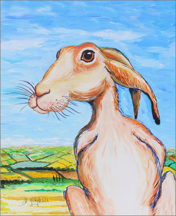 hare colour painting, overlooking fields,